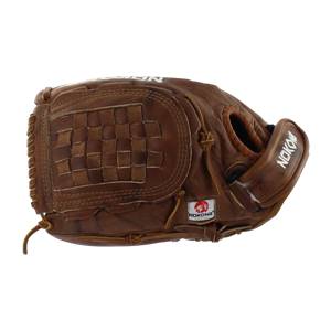 Side view of a brown Nokona softball glove with a woven web and white NOKONA branding.