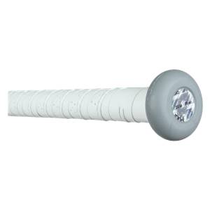 Side view of a white baseball bat with a gray end cap and visible 33 oz. text.