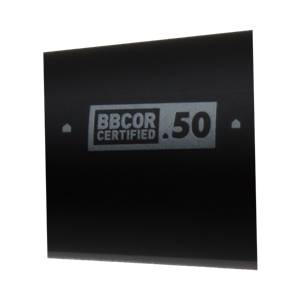 Close-up of a black baseball bat with BBCOR CERTIFIED .50 text.