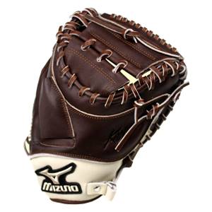 Top-down view of a brown catchers mitt with white lacing and a Mizuno logo.