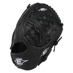 Top-down view of a black baseball glove with a woven web and white Easton logos.