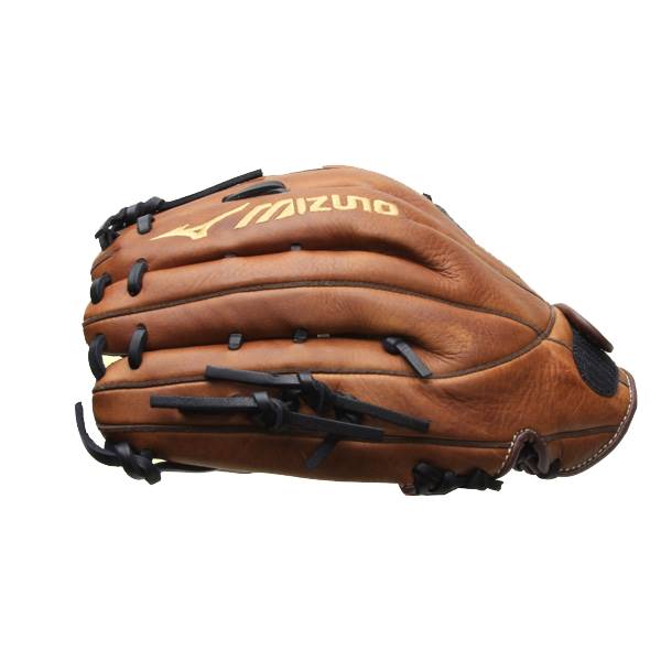 Side view of a brown baseball glove with black lacing and a gold Mizuno logo.