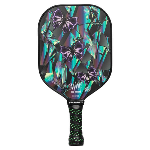 Front view of a black pickleball paddle with a holographic crystal and butterfly design and green-dotted grip.