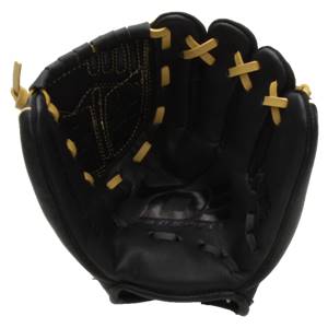 Open view of a black youth baseball glove with gold lacing and PRO-SPEC text.