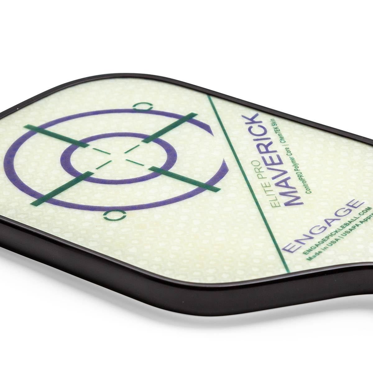 Corner view of a white Engage Elite Pro Maverick pickleball paddle with a target design and visible branding.
