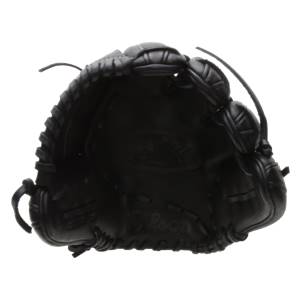Top-down view of a black baseball glove with Wilson branding and a deep pocket.