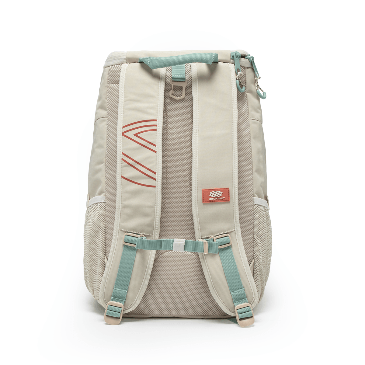 Back view of a tan backpack with turquoise straps, a mesh back panel, and red stripe accents on the shoulder straps.