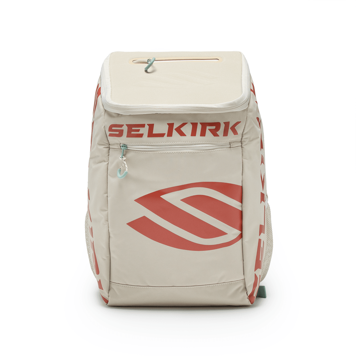 Front view of a beige backpack with a red "SELKIRK" logo, a large red stylized swoosh, and a zippered pocket.