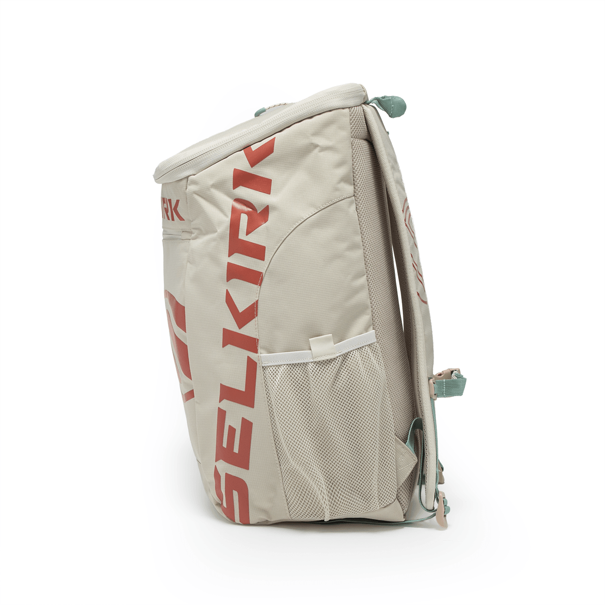 Side view of a light-colored backpack with red "SELKIRK" lettering, mesh side pockets, and teal accents.
