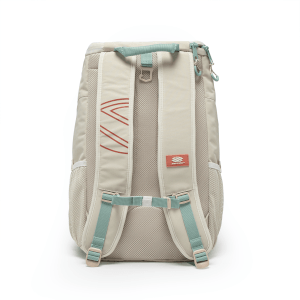Back view of a tan backpack featuring teal straps, a red stripe design, and a "BELKIRK" logo.
