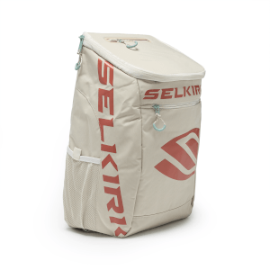 Angled view of a light gray backpack with large red "SELKIRK" text on the side and a red logo.