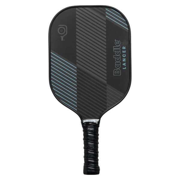 Front view of a black Baddle Lancer pickleball paddle with a striped pattern and textured grip.