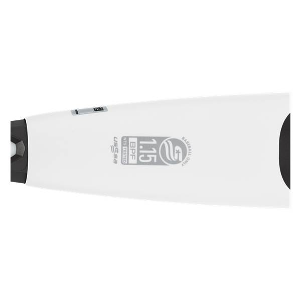 Side view of a white baseball bat with USSSA and 1.15 BPF markings.