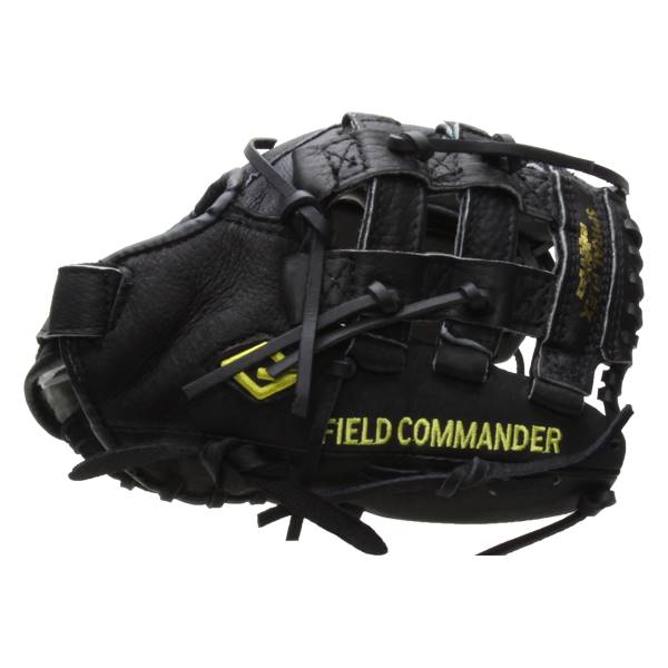 Side view of a black baseball glove with yellow FIELD COMMANDER text and a yellow logo.
