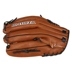 Top-down view of a brown baseball glove with black lacing and DIAMOND text.