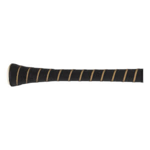 Close-up of a black baseball bat grip with tan diagonal stripes, a perforated texture, and the Warstic logo.