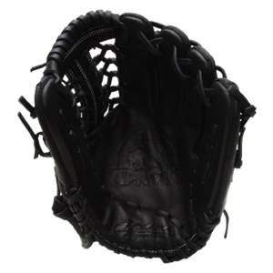 Top-down view of a black baseball glove with a webbed pocket and APACHE embossed on the palm.