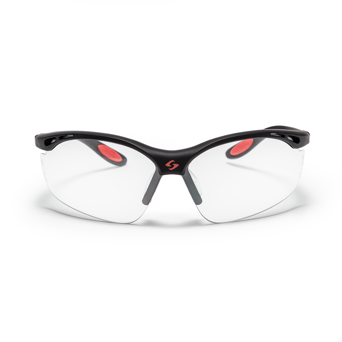 Front view of black safety glasses with red accents and a red 'S' logo.