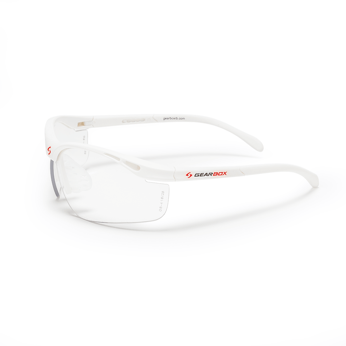 Side view of white safety glasses with "GEARBOX" logo on the right temple and a red "S" on the left.