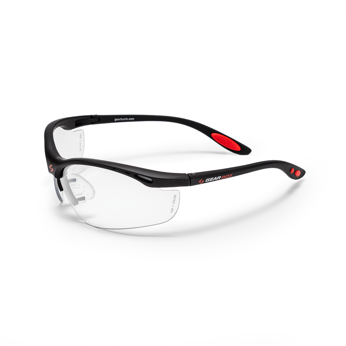 Three-quarter view of black safety glasses with red accents and "GEAR BOX" logo visible.
