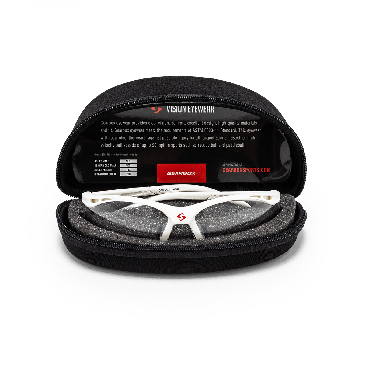 Front view of white safety glasses with a red Gearbox logo, resting in a black case.