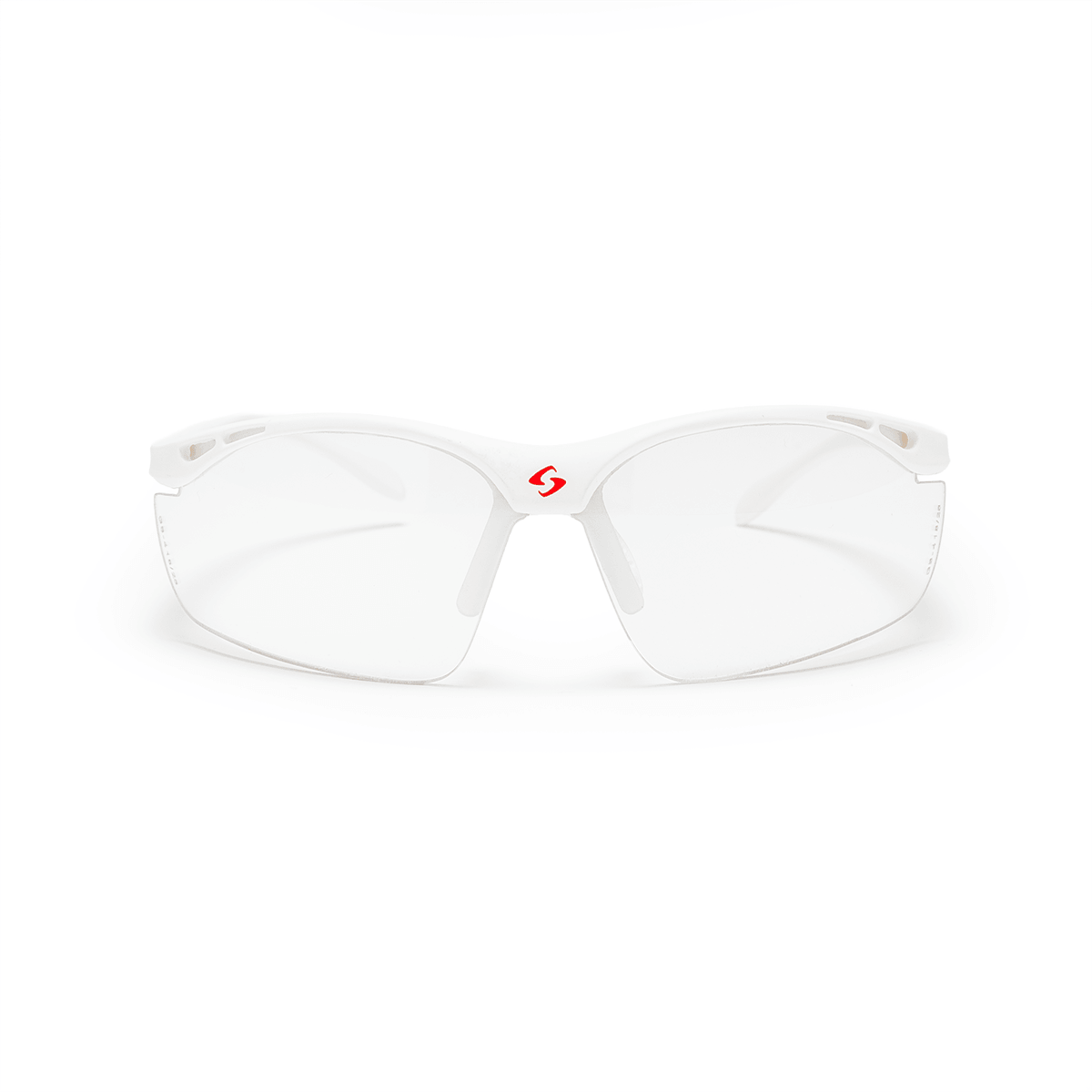 Front view of white safety glasses with a red 'S' logo and clear lenses.