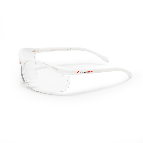 Side view of white safety glasses with "GEARBOX" logo on the right temple and a red "S" on the left.