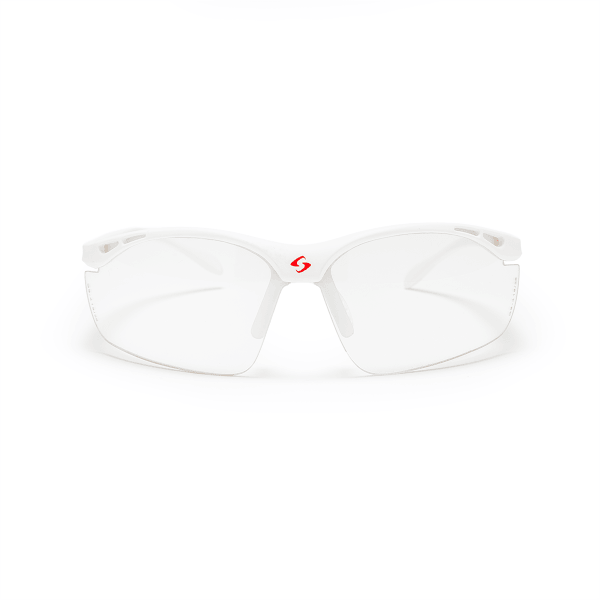 Front view of white safety glasses with a red 'S' logo and clear lenses.
