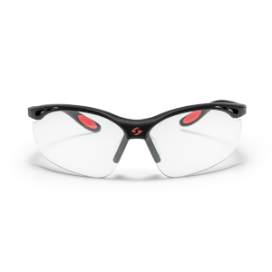 Front view of black safety glasses with red accents and a red 'S' logo.