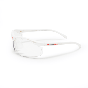 Side view of white safety glasses with "GEARBOX" logo on the right temple and a red "S" on the left.