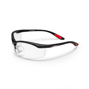 Three-quarter view of black safety glasses with red accents and "GEAR BOX" logo visible.
