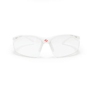 Front view of white safety glasses with a red 'S' logo and clear lenses.