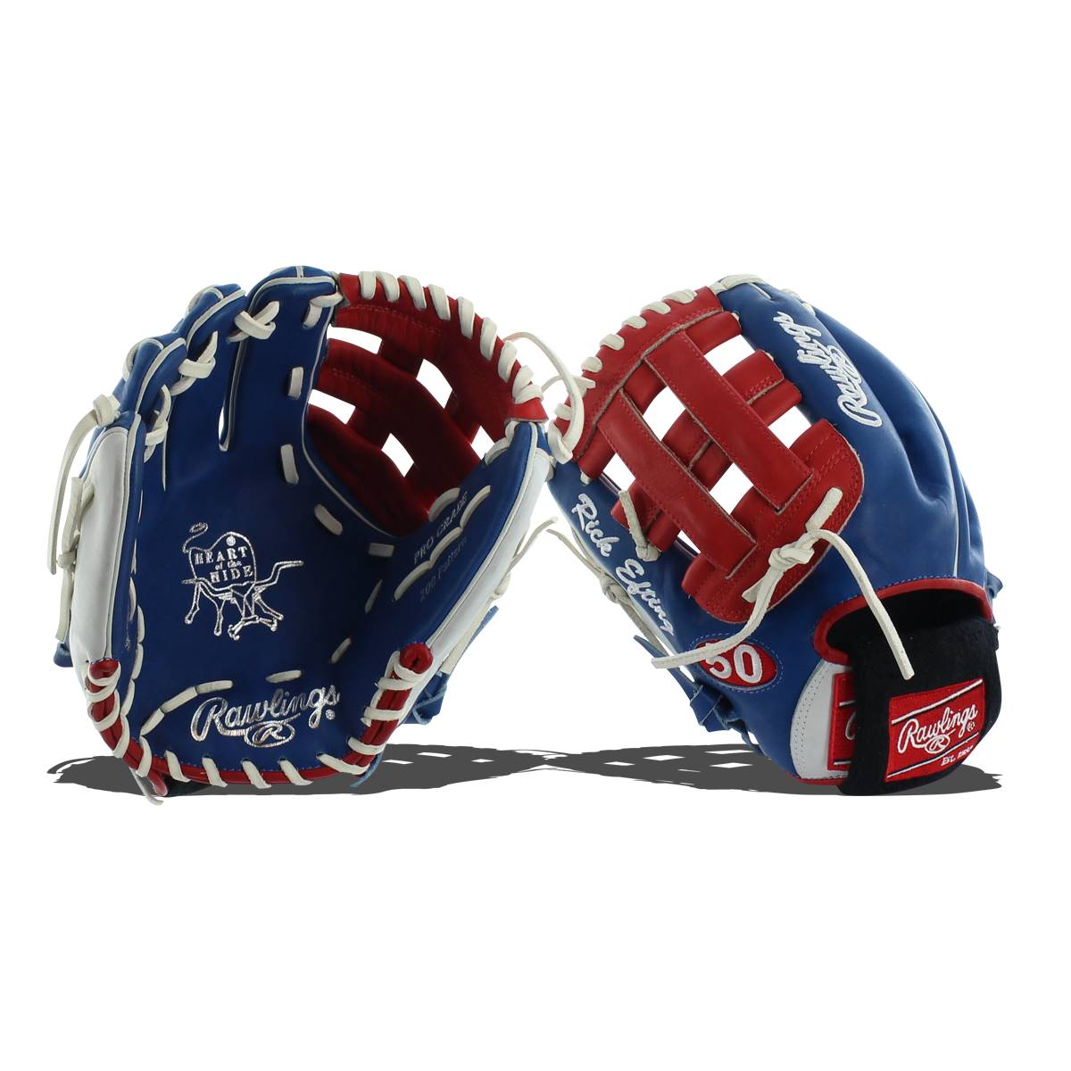 Front view of two blue baseball gloves with red webbing and white lacing.
