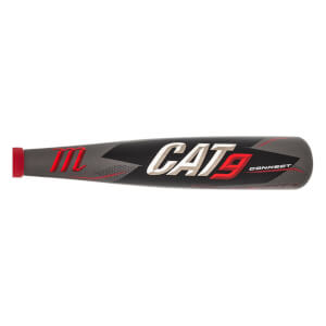 Side view of a black baseball bat with red accents, CAT9 CONNECT text, and a red end cap.