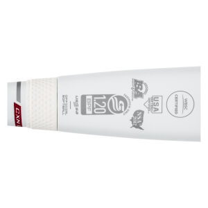 Side view of a white fastpitch softball bat with CXN branding, 120 BPF, and multiple certification logos.