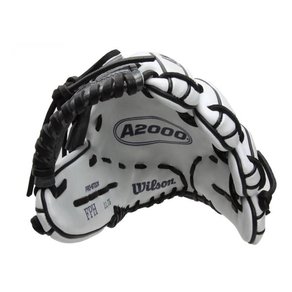 Side view of a white Wilson A2000 fastpitch glove with black lacing and A2000 branding.