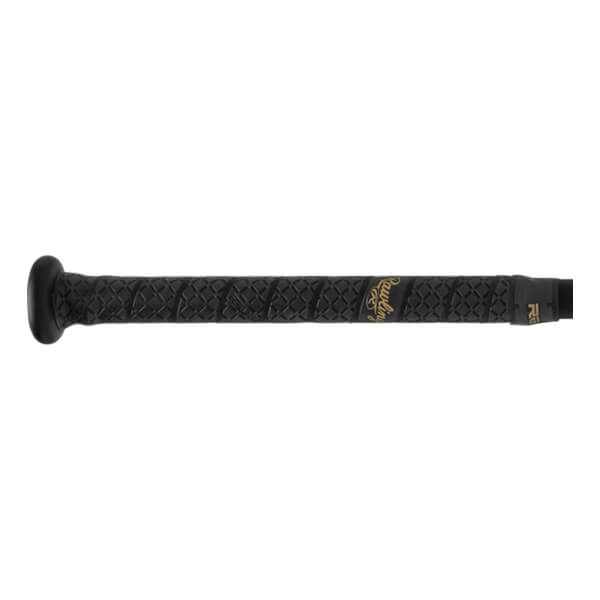 Side view of a black baseball bat with a textured grip and gold Rawlings branding.