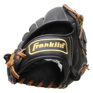 Close-up of a black baseball glove with tan lacing and a gold Franklin logo.