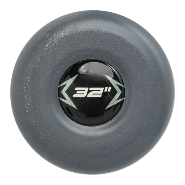 Bottom view of the gray bat knob featuring a black center with white "32"" text and silver graphics.