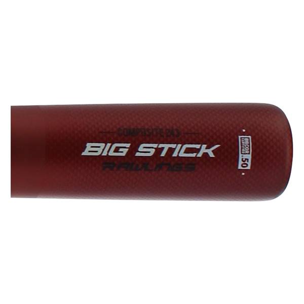 Close-up of a dark red baseball bat with BIG STICK and RAWLINGS text, and a BBCOR 50 logo.