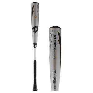 Side view of a silver baseball bat with black lightning bolt graphics and VOODOO text.