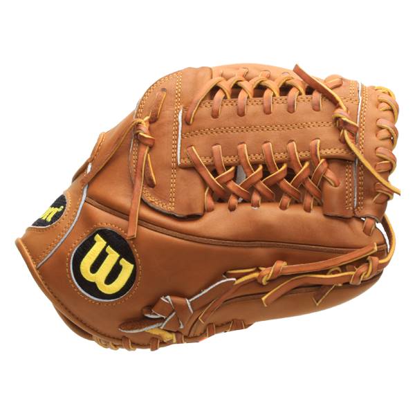 Side view of a brown baseball glove with a black and yellow Wilson logo and intricate lacing.