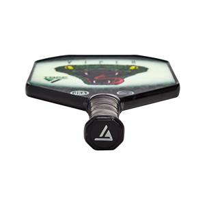 Top-down view of a black pickleball paddle with a viper graphic and ORA text.