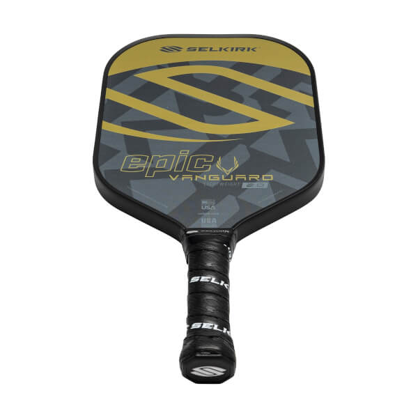 Front view of a black pickleball paddle with gold and gray geometric design, epic VANGUARD 2.0 text, and black grip.