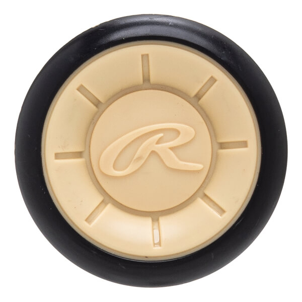 Top-down view of a black baseball bat end cap with a beige circular insert and a raised Rawlings R logo.