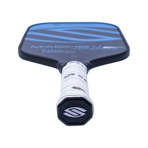 Top-down view of a black pickleball paddle with blue diagonal lines and white grip.