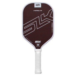 Front view of a dark red pickleball paddle with a large white SLK logo, HALO and PRO XL text, and a white textured grip.