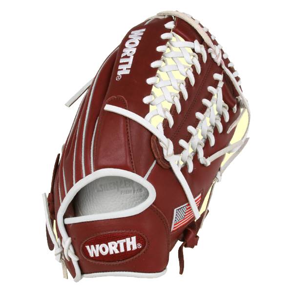 Side view of a maroon baseball glove with white lacing and a WORTH logo.