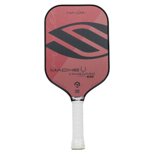 Front view of a red pickleball paddle with a black S design, MACH6 VANGUARD 2.0, and USA text.