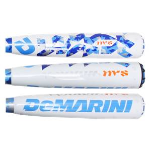Top-down view of a white baseball bat with blue DeMarini branding and a geometric pattern.